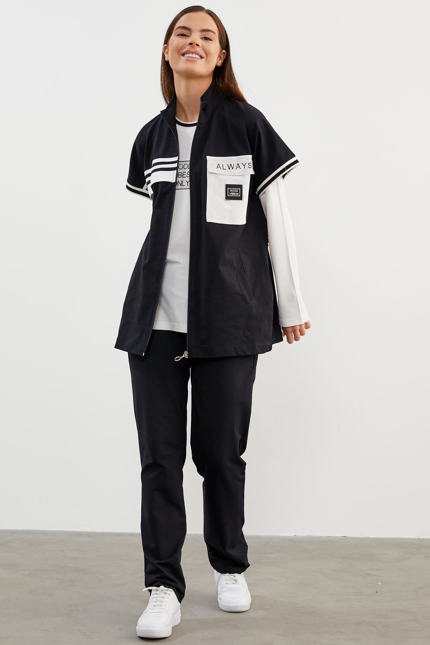 Taş Detaylı Geniş Kalıp Üçlü Eşofman Takım - Siyah (1) Sementa