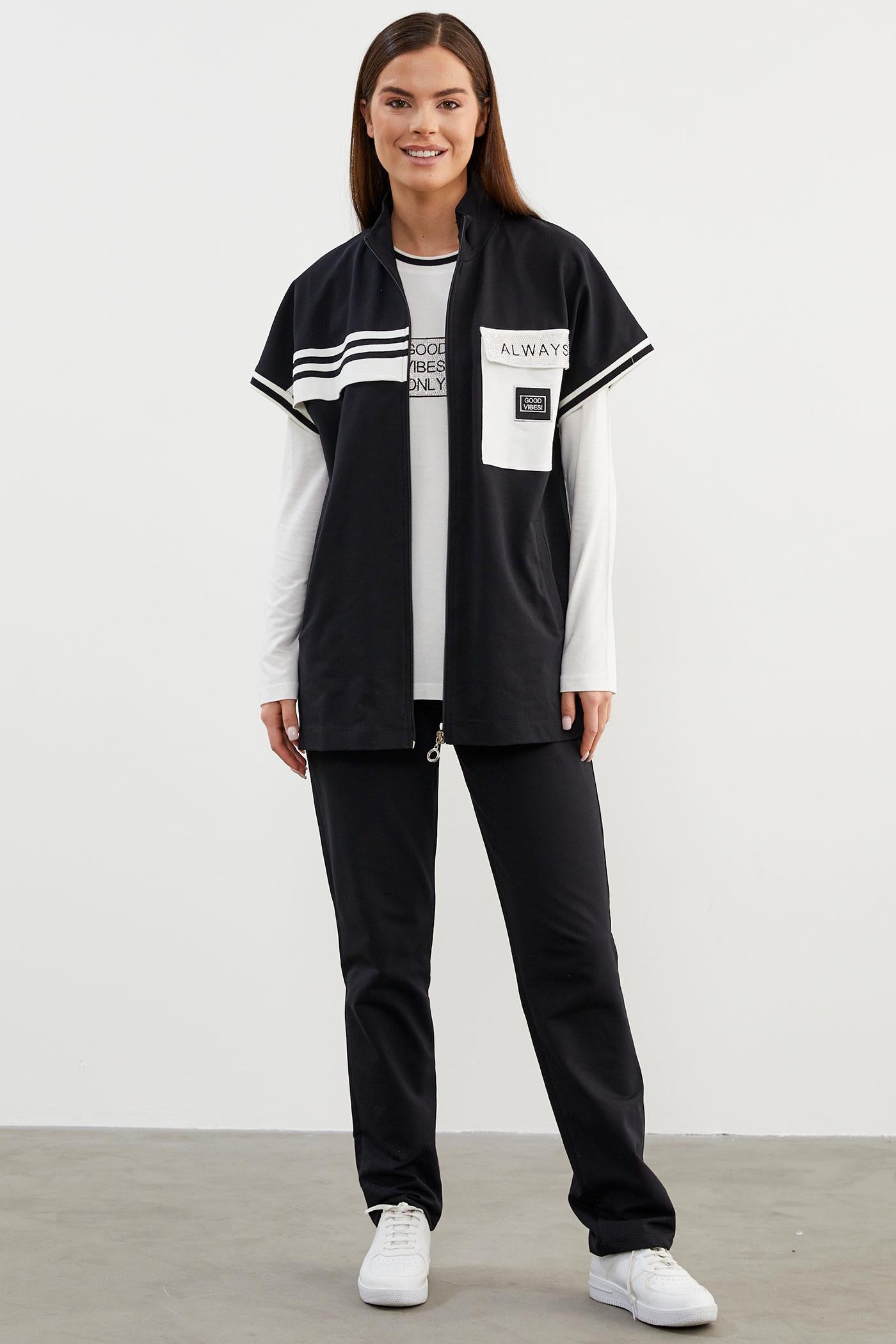 Taş Detaylı Geniş Kalıp Üçlü Eşofman Takım - Siyah (2) Sementa