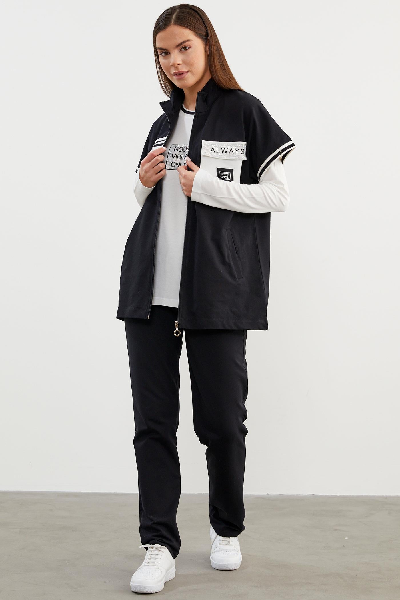 Taş Detaylı Geniş Kalıp Üçlü Eşofman Takım - Siyah (3) Sementa