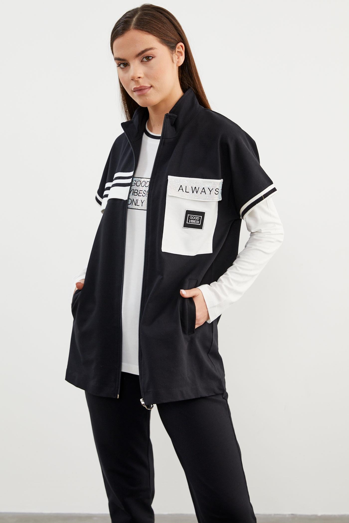 Taş Detaylı Geniş Kalıp Üçlü Eşofman Takım - Siyah (4) Sementa