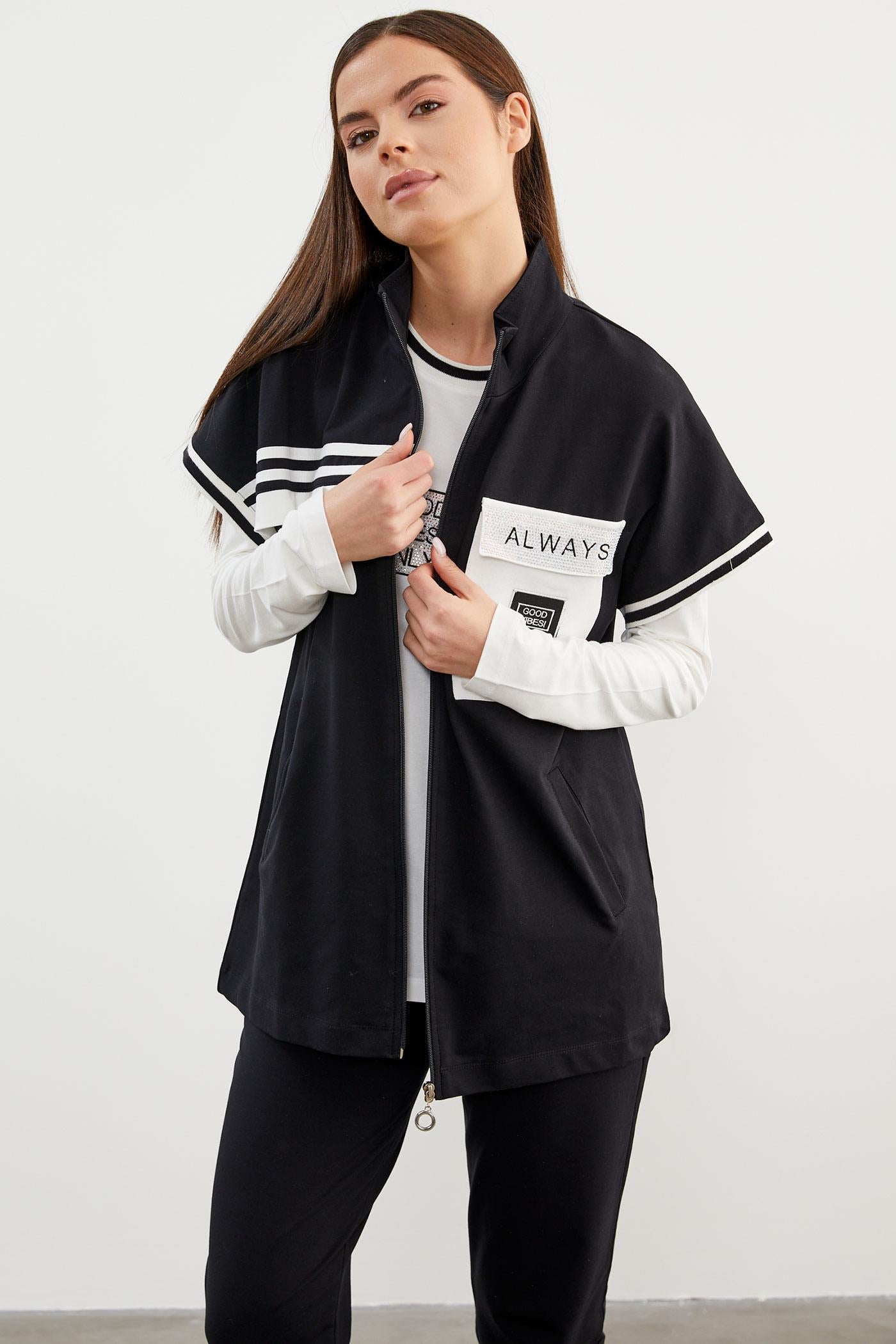 Taş Detaylı Geniş Kalıp Üçlü Eşofman Takım - Siyah (5) Sementa