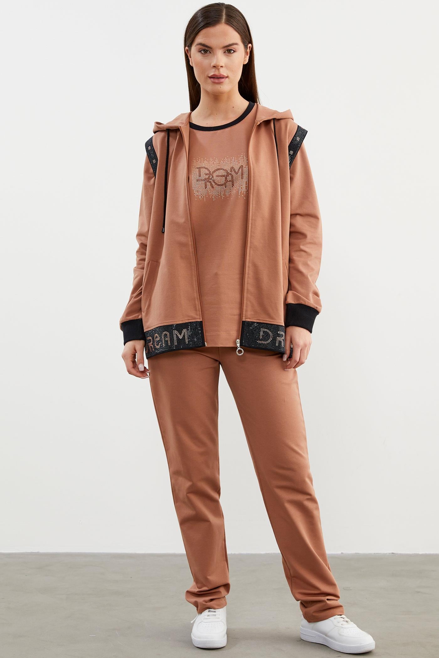 Taş Detaylı Geniş Kalıp Üçlü Eşofman Takım - Sütlü Kahve (1) Sementa