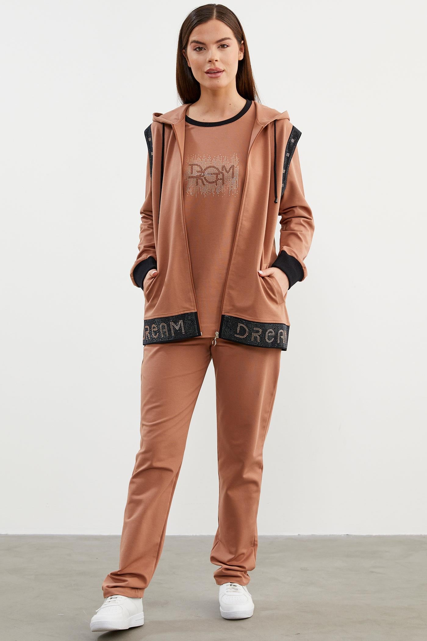 Taş Detaylı Geniş Kalıp Üçlü Eşofman Takım - Sütlü Kahve (2) Sementa