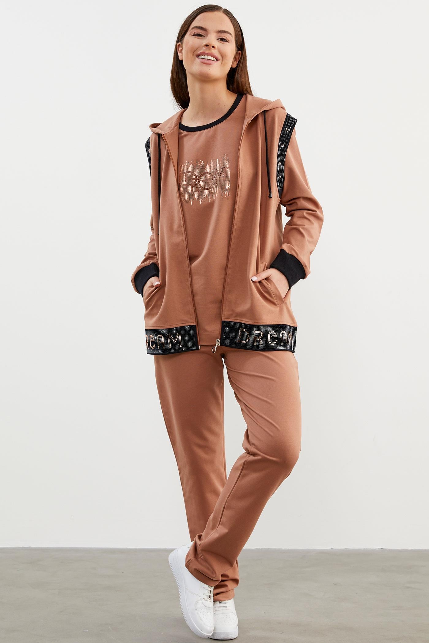 Taş Detaylı Geniş Kalıp Üçlü Eşofman Takım - Sütlü Kahve (3) Sementa