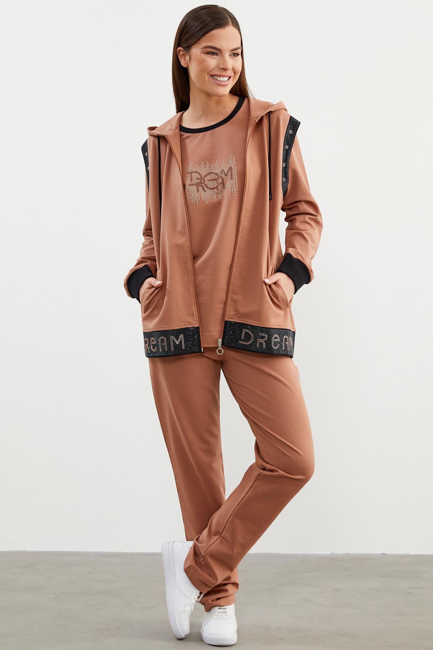 Taş Detaylı Geniş Kalıp Üçlü Eşofman Takım - Sütlü Kahve (4) Sementa