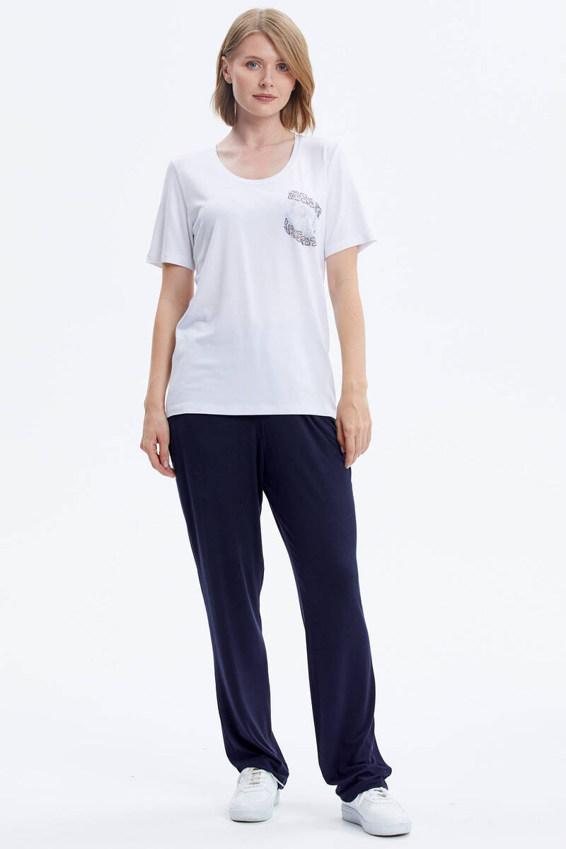 Taş Detaylı Geniş Yaka Penye Takım - Beyaz - Lacivert (1) Sementa