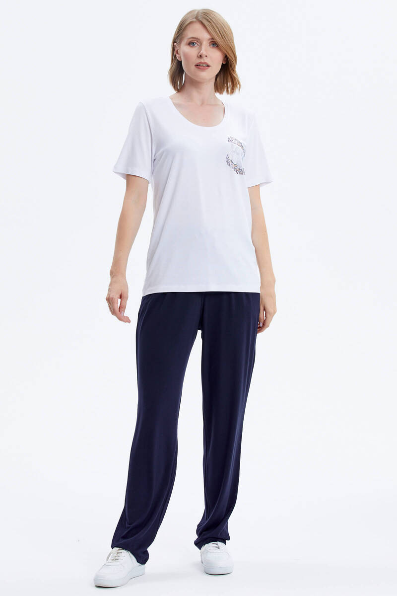 Taş Detaylı Geniş Yaka Penye Takım - Beyaz - Lacivert (2) Sementa