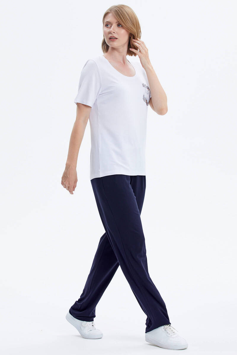 Taş Detaylı Geniş Yaka Penye Takım - Beyaz - Lacivert (3) Sementa