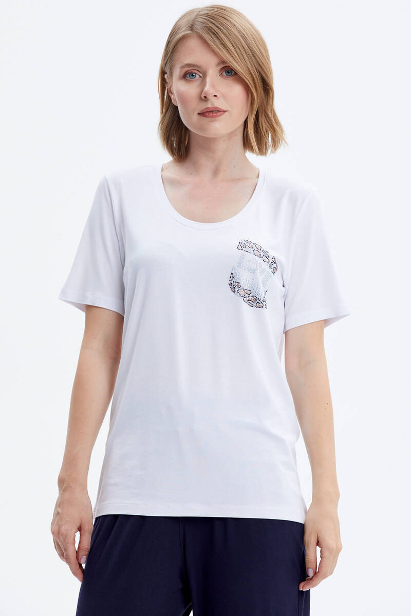 Taş Detaylı Geniş Yaka Penye Takım - Beyaz - Lacivert (4) Sementa