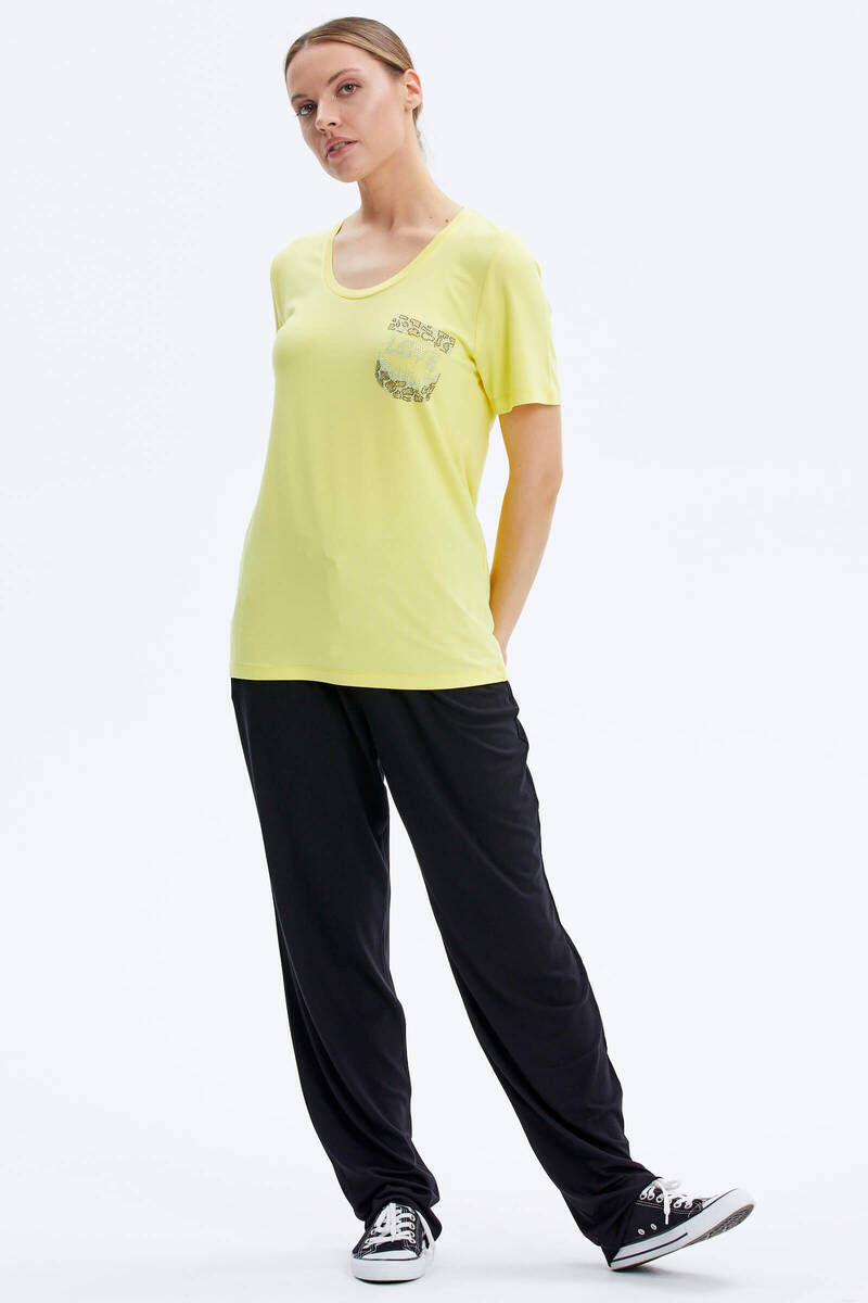 Taş Detaylı Geniş Yaka Penye Takım - Sarı - Siyah (1) Sementa