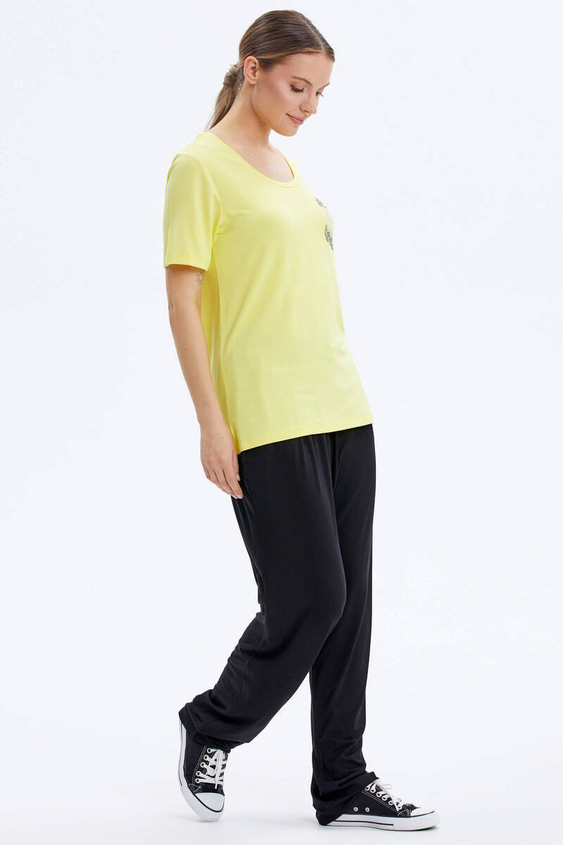 Taş Detaylı Geniş Yaka Penye Takım - Sarı - Siyah (4) Sementa