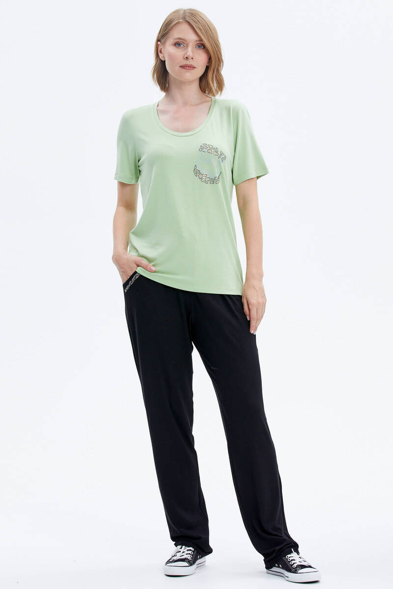 Taş Detaylı Geniş Yaka Penye Takım - Yeşil - Siyah (1) Sementa