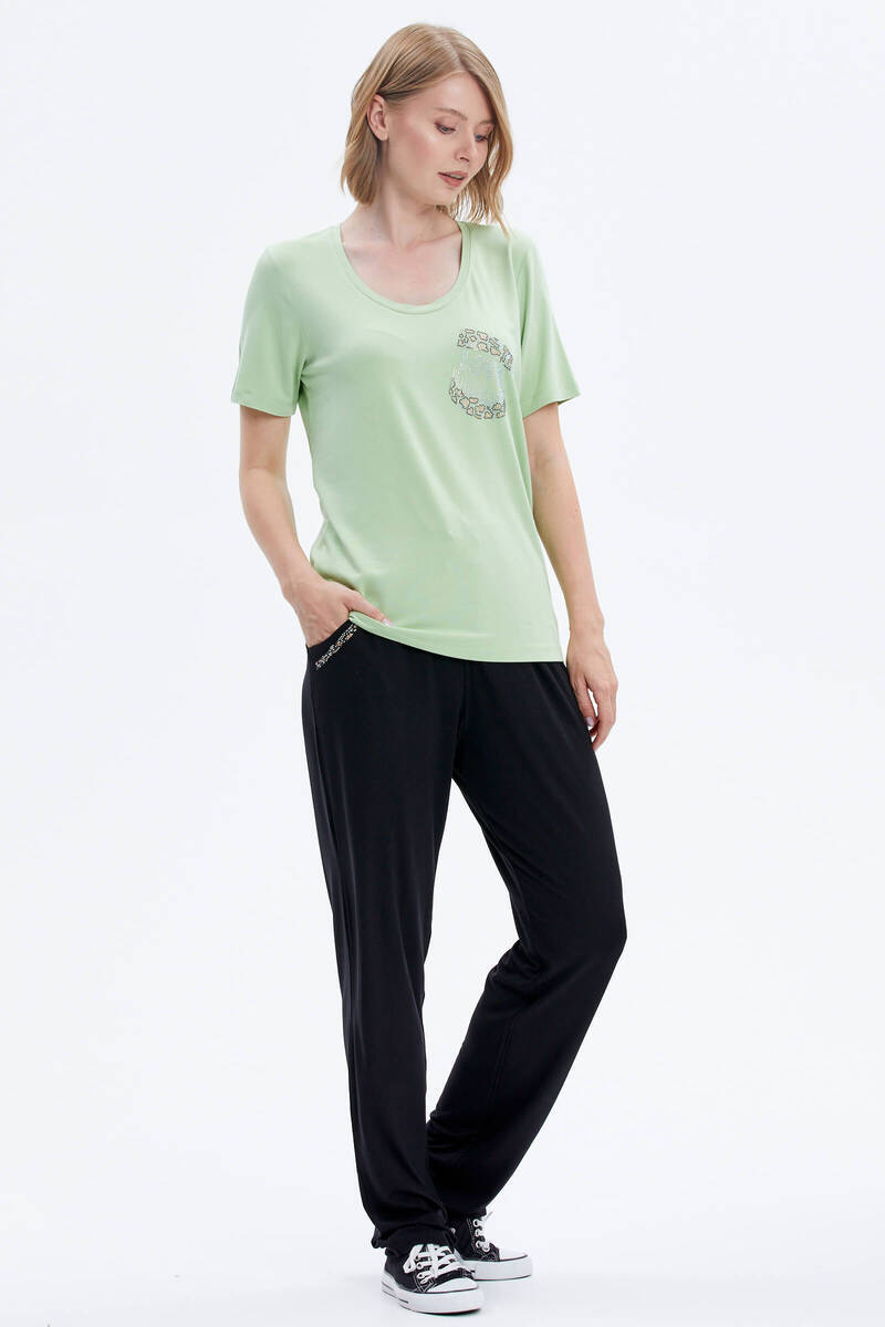 Taş Detaylı Geniş Yaka Penye Takım - Yeşil - Siyah (2) Sementa