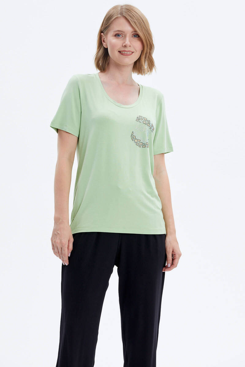 Taş Detaylı Geniş Yaka Penye Takım - Yeşil - Siyah (3) Sementa