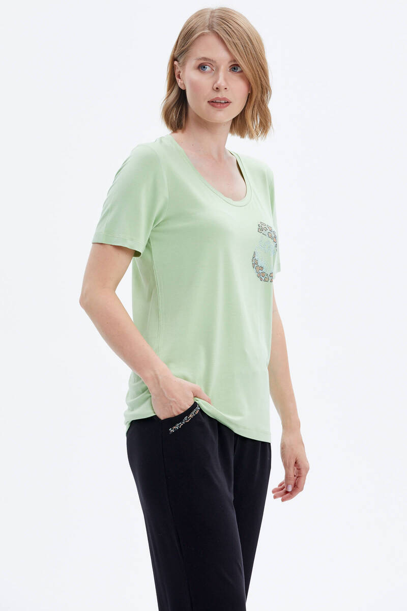 Taş Detaylı Geniş Yaka Penye Takım - Yeşil - Siyah (4) Sementa