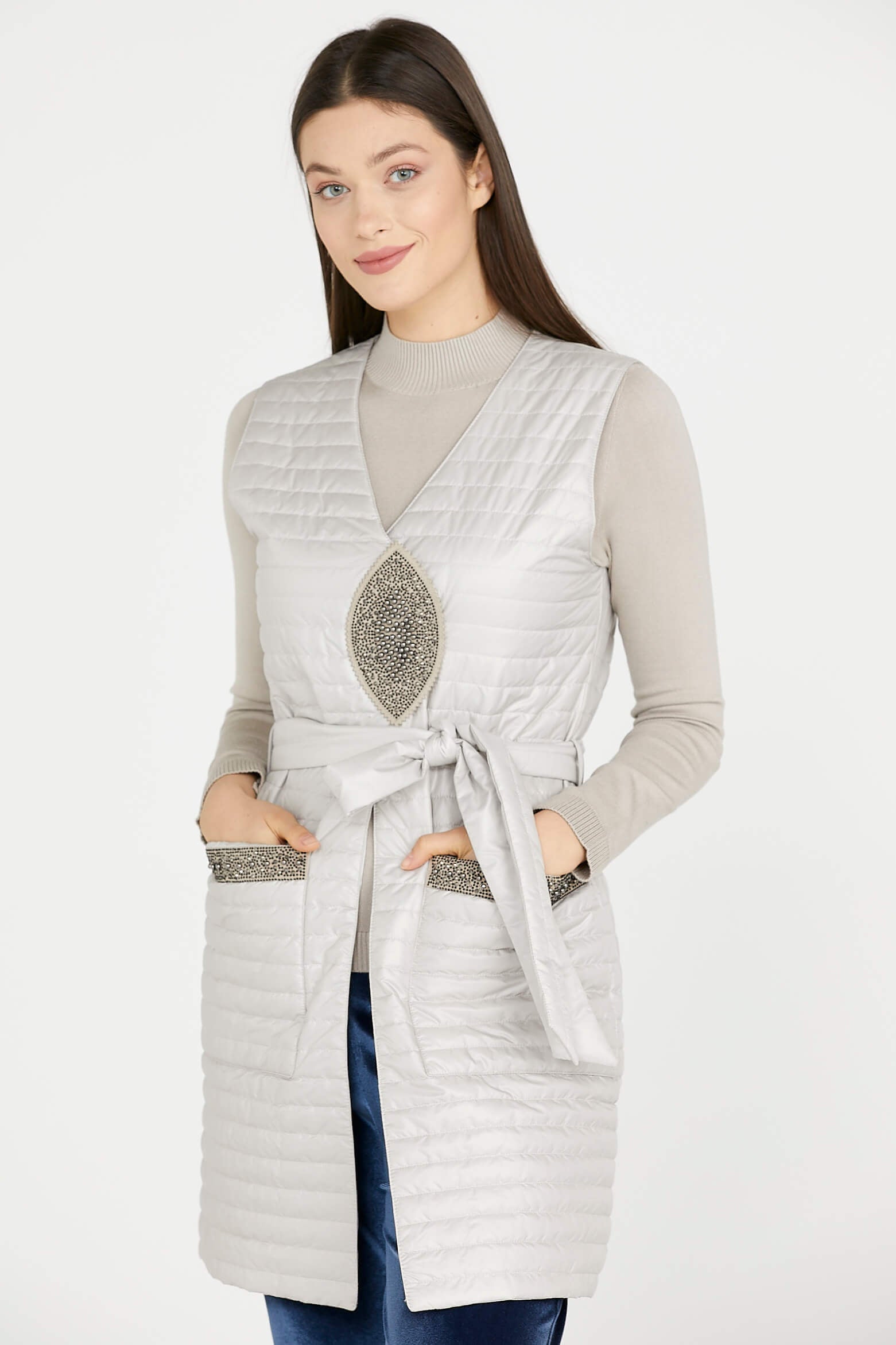 Taş Detaylı Uzun Kapitoneli Yelek - Kemik (1) Sementa