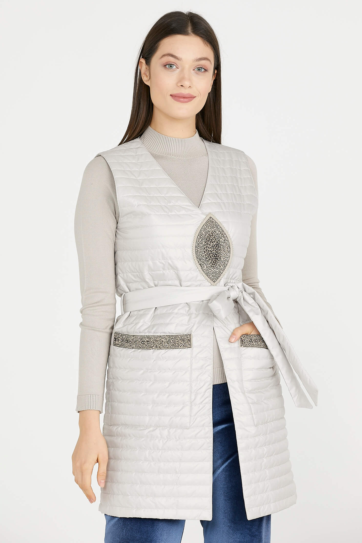 Taş Detaylı Uzun Kapitoneli Yelek - Kemik (2) Sementa