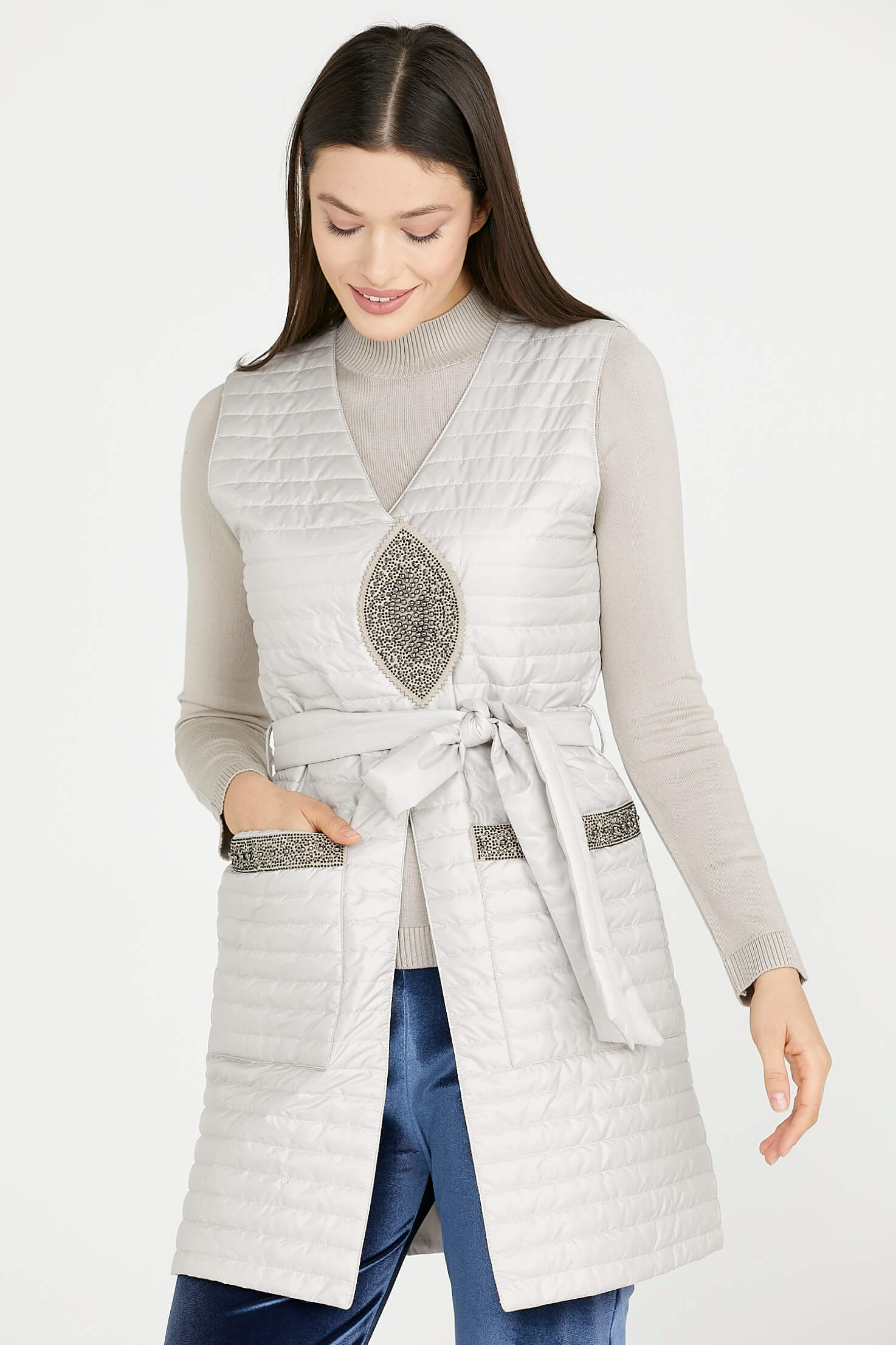 Taş Detaylı Uzun Kapitoneli Yelek - Kemik (3) Sementa