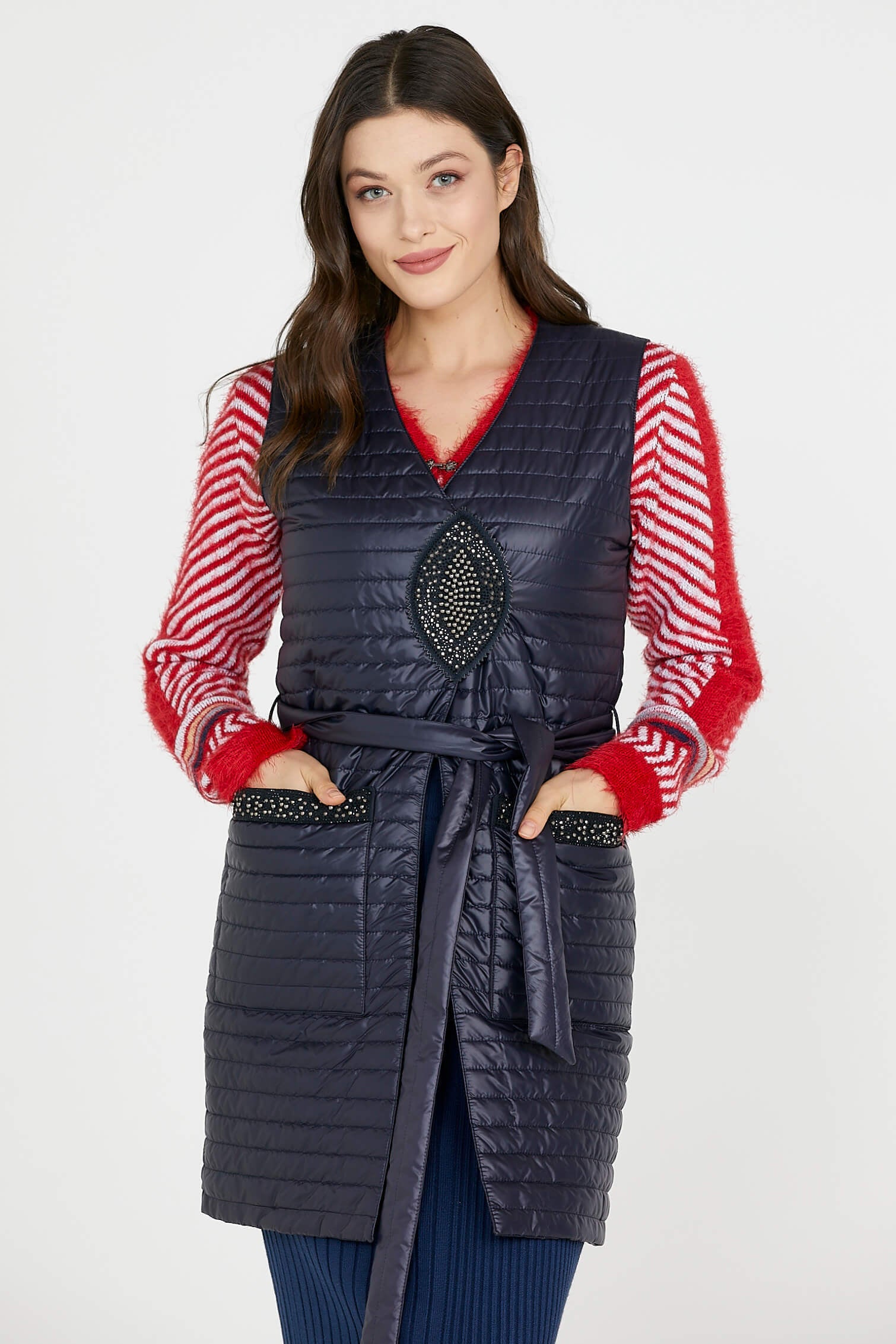 Taş Detaylı Uzun Kapitoneli Yelek - Lacivert (1) Sementa