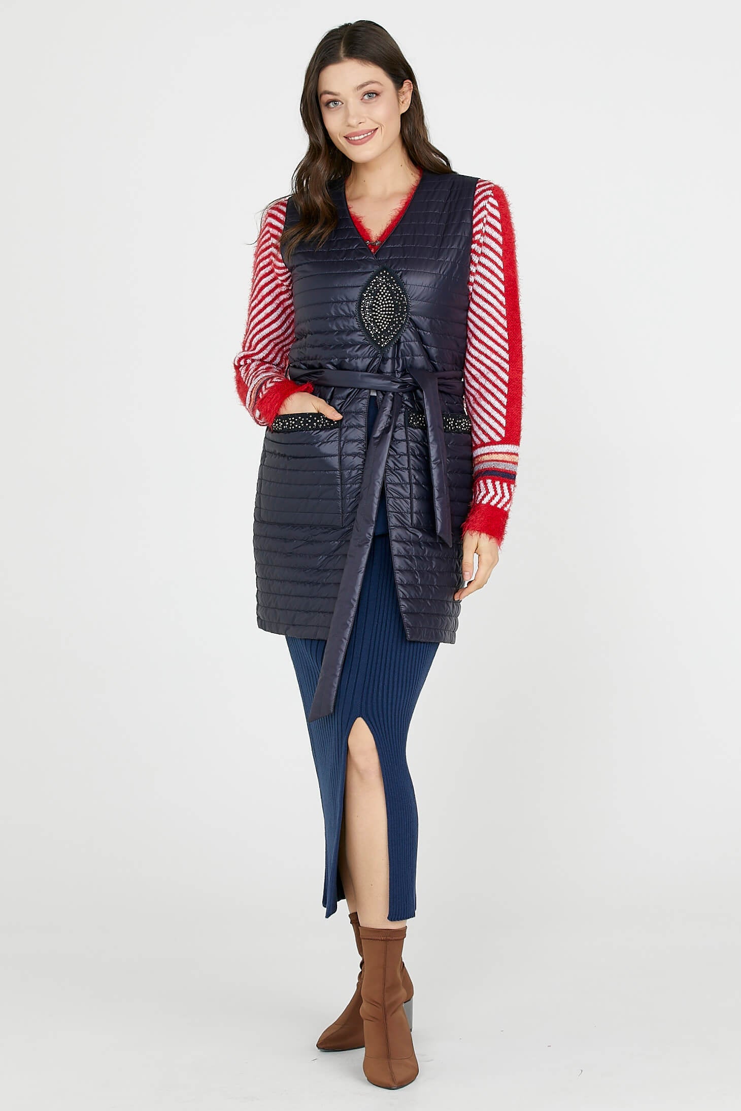 Taş Detaylı Uzun Kapitoneli Yelek - Lacivert (2) Sementa