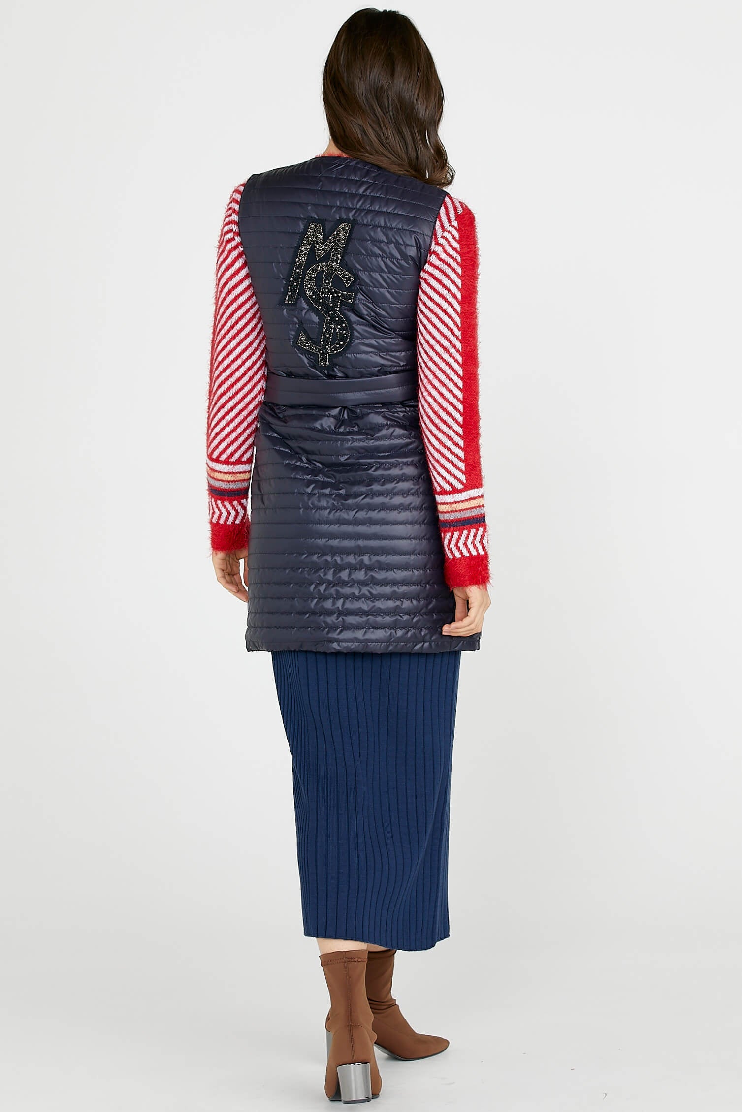 Taş Detaylı Uzun Kapitoneli Yelek - Lacivert (3) Sementa