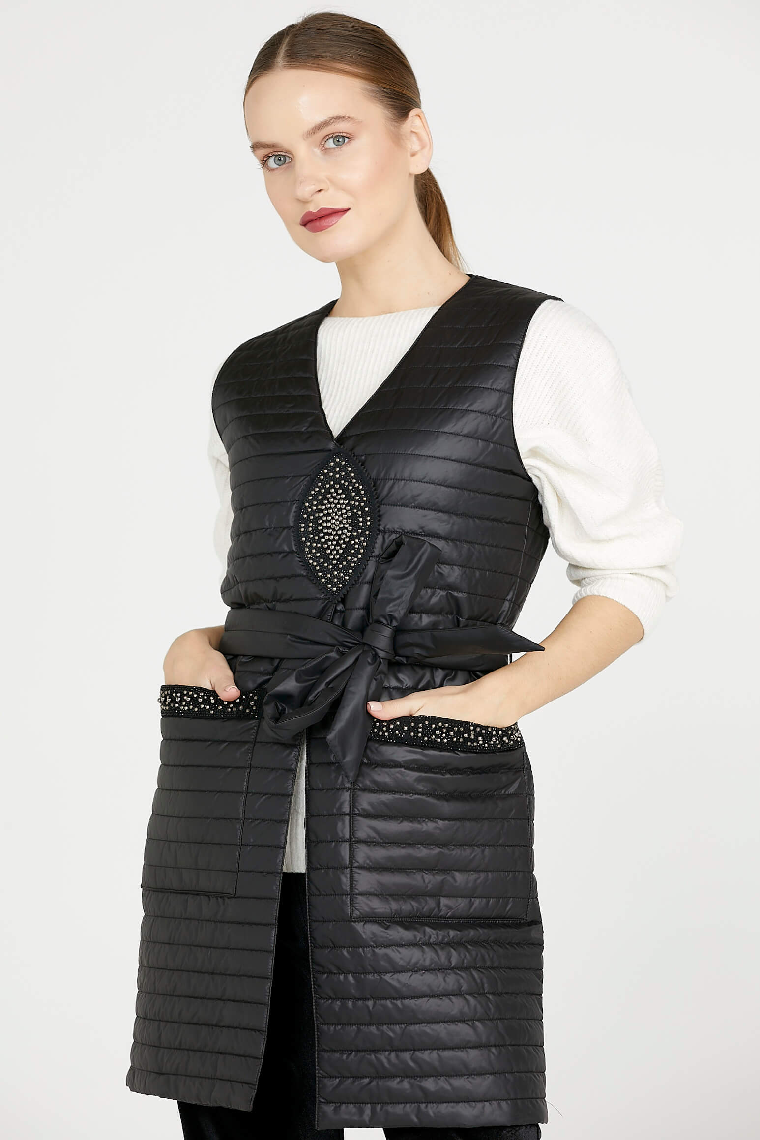 Taş Detaylı Uzun Kapitoneli Yelek - Siyah (3) Sementa