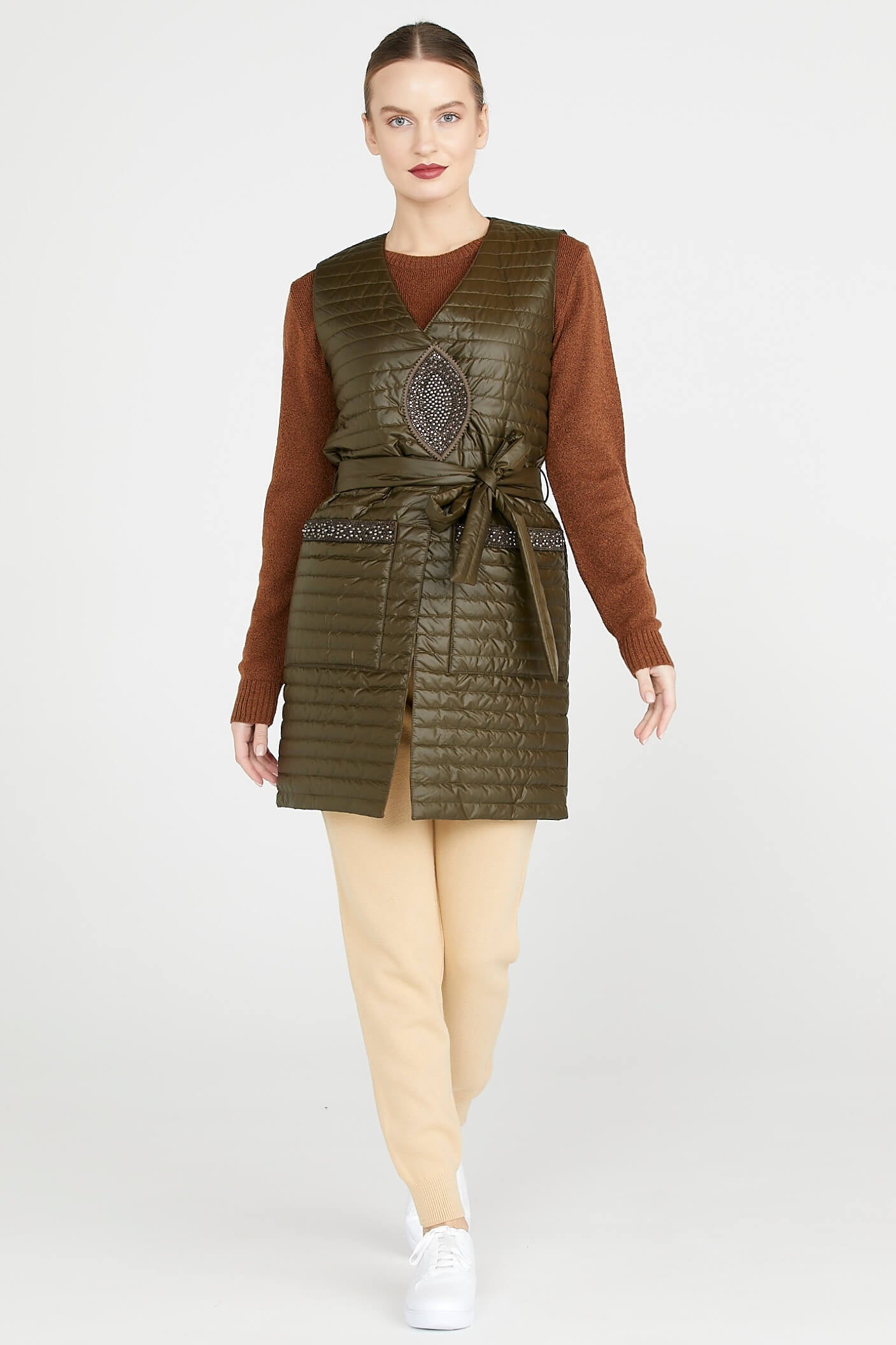 Taş Detaylı Uzun Kapitoneli Yelek - Yeşil (2) Sementa