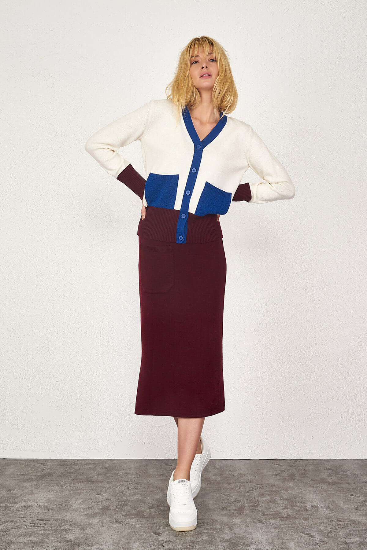 Tek Cepli Yırtmaçlı Triko Etek - Bordo (1) Sementa