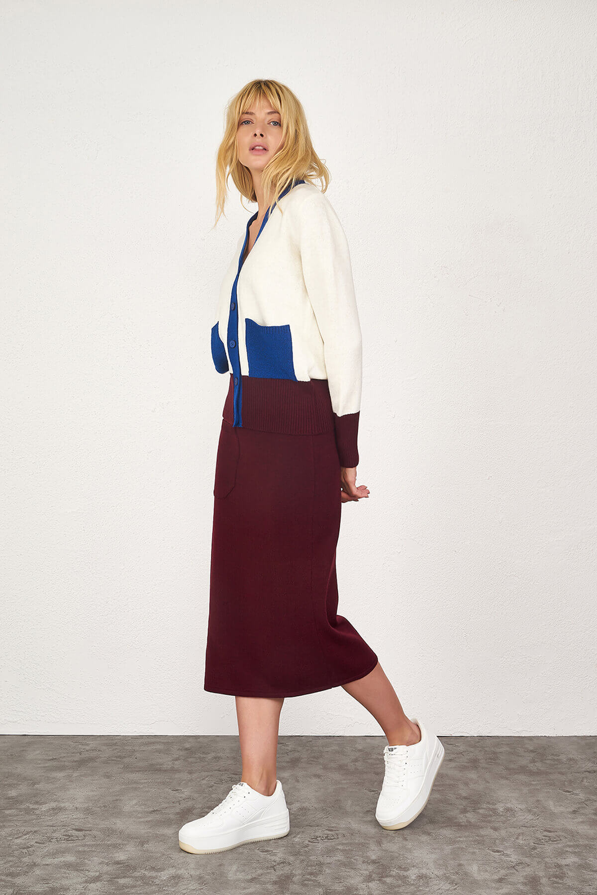 Tek Cepli Yırtmaçlı Triko Etek - Bordo (2) Sementa