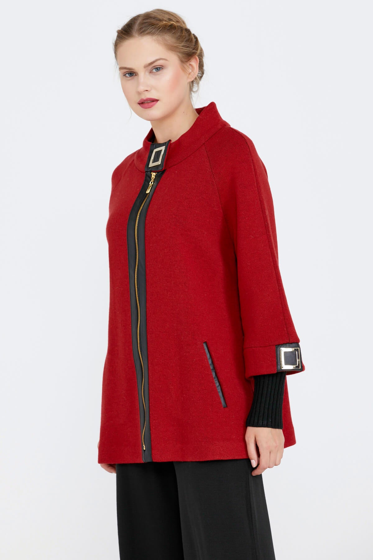 Toka Detaylı Fermuarlı Kadın Triko Ceket - Kırmızı - Siyah (2) Sementa