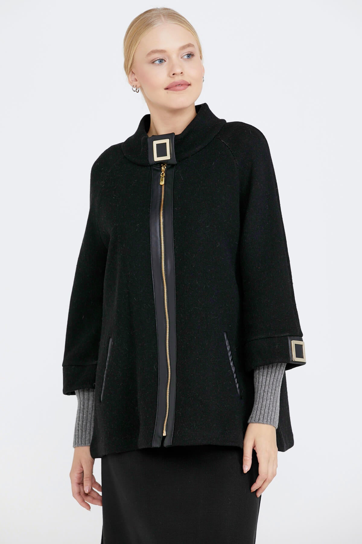 Toka Detaylı Fermuarlı Kadın Triko Ceket - Siyah - Gri (1) Sementa