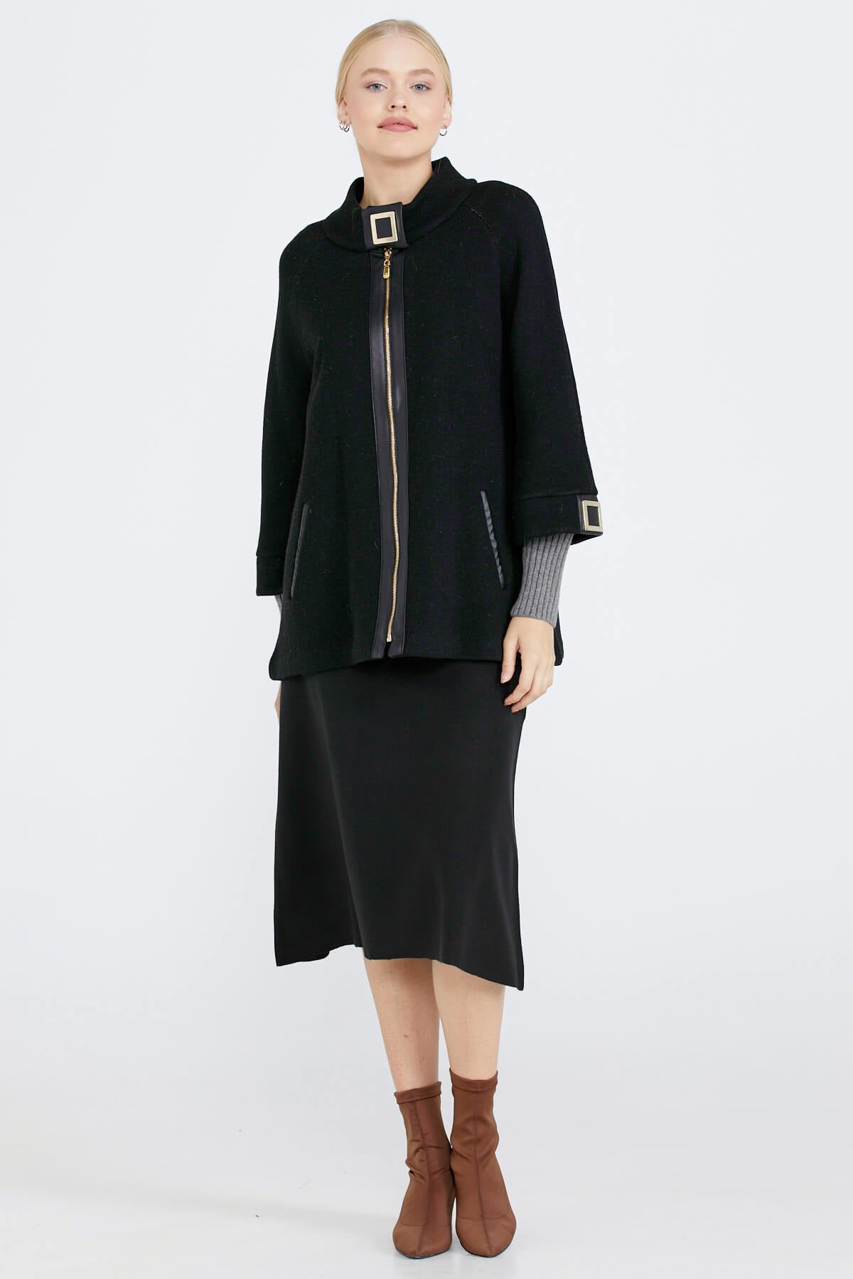 Toka Detaylı Fermuarlı Kadın Triko Ceket - Siyah - Gri (2) Sementa