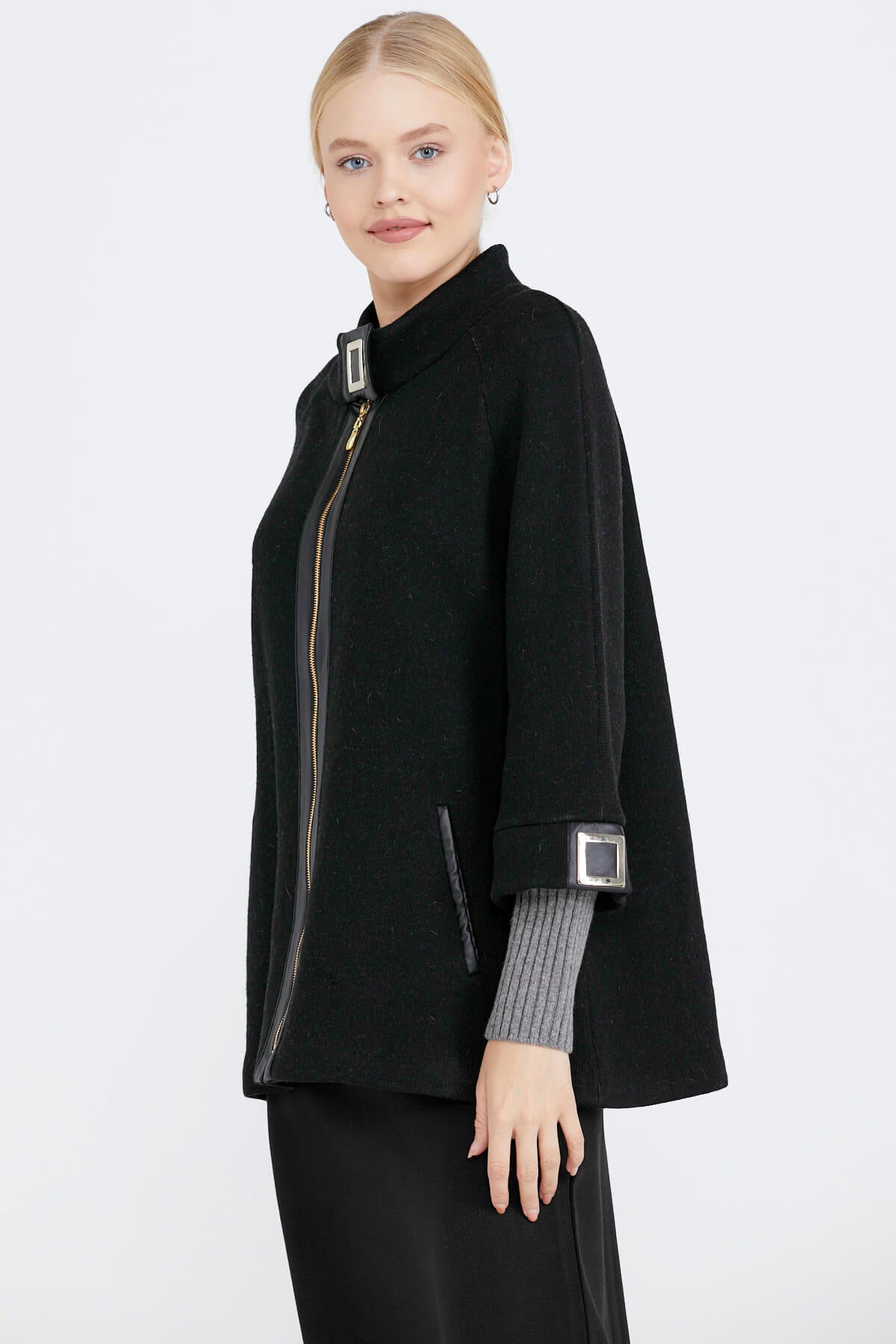 Toka Detaylı Fermuarlı Kadın Triko Ceket - Siyah - Gri (3) Sementa