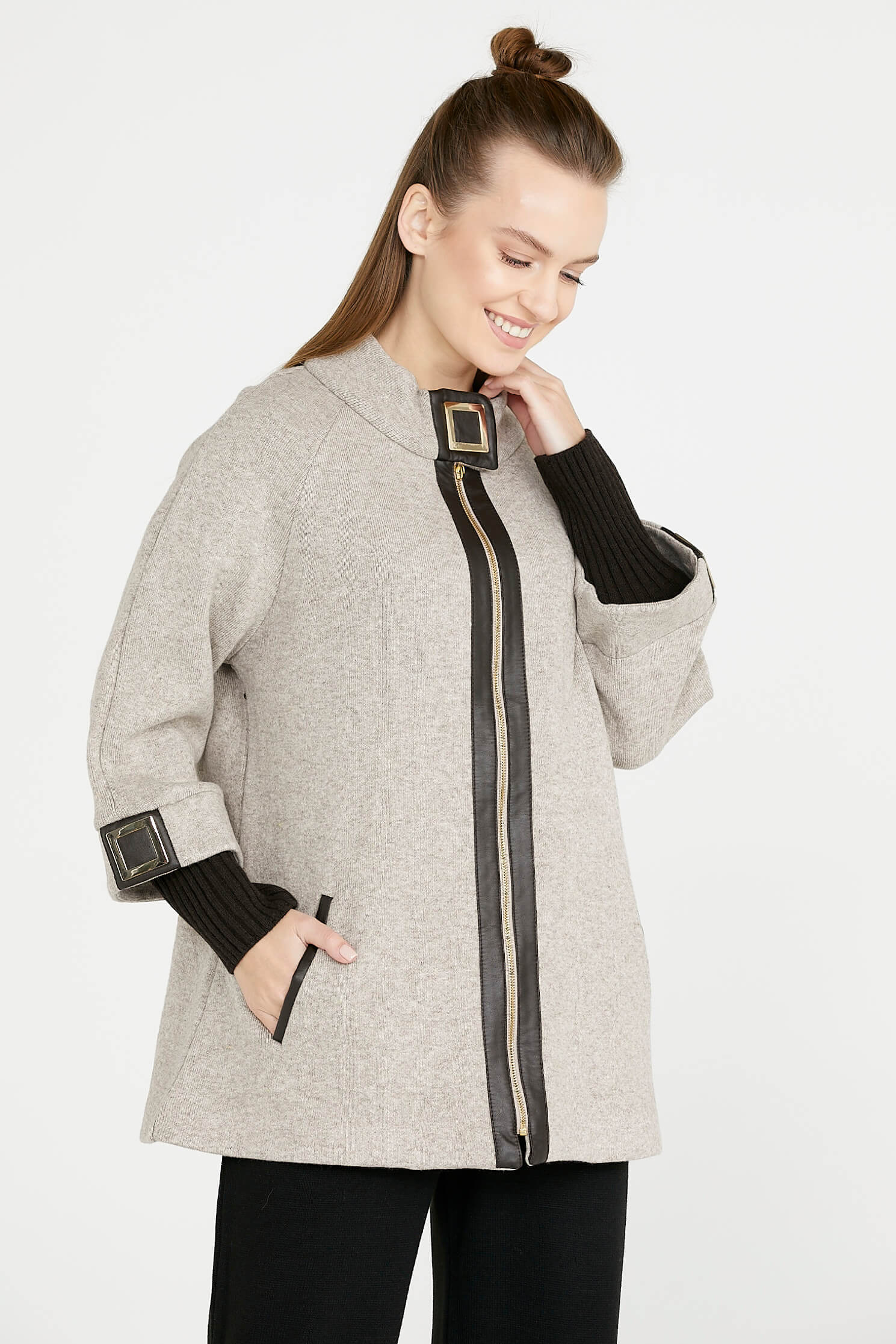 Toka Detaylı Fermuarlı Kadın Triko Ceket - Vizon - Kahverengi (2) Sementa