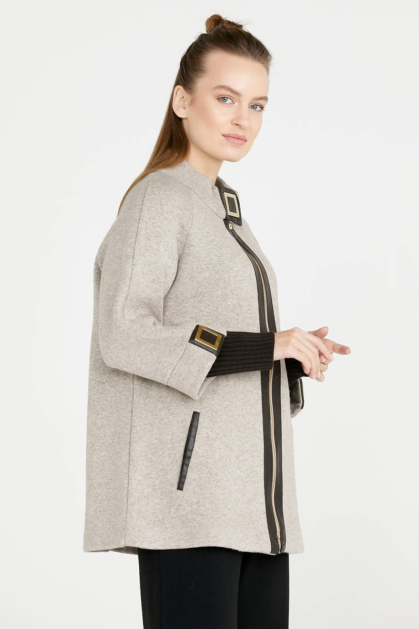 Toka Detaylı Fermuarlı Kadın Triko Ceket - Vizon - Kahverengi (3) Sementa