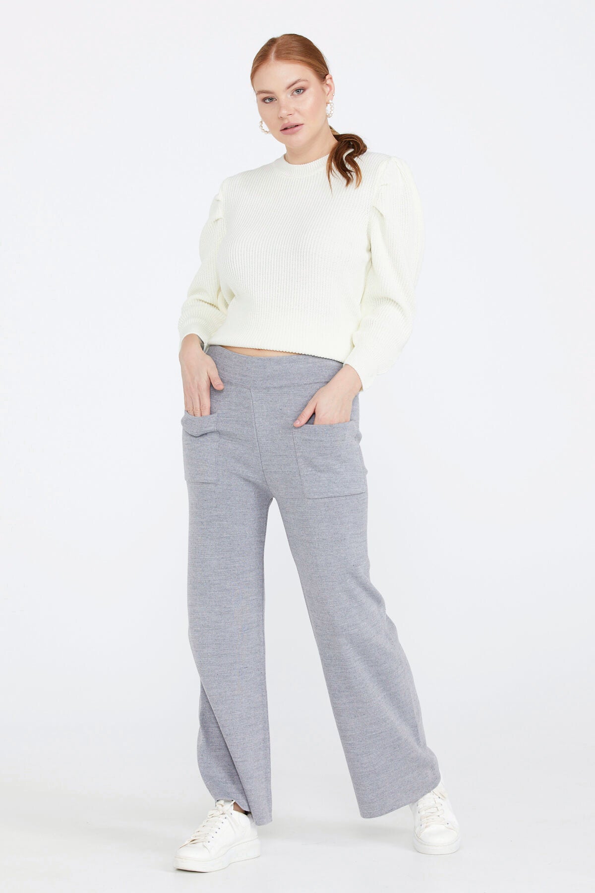 Triko Kadın Cepli Pantolon - Açık Gri (1) Sementa