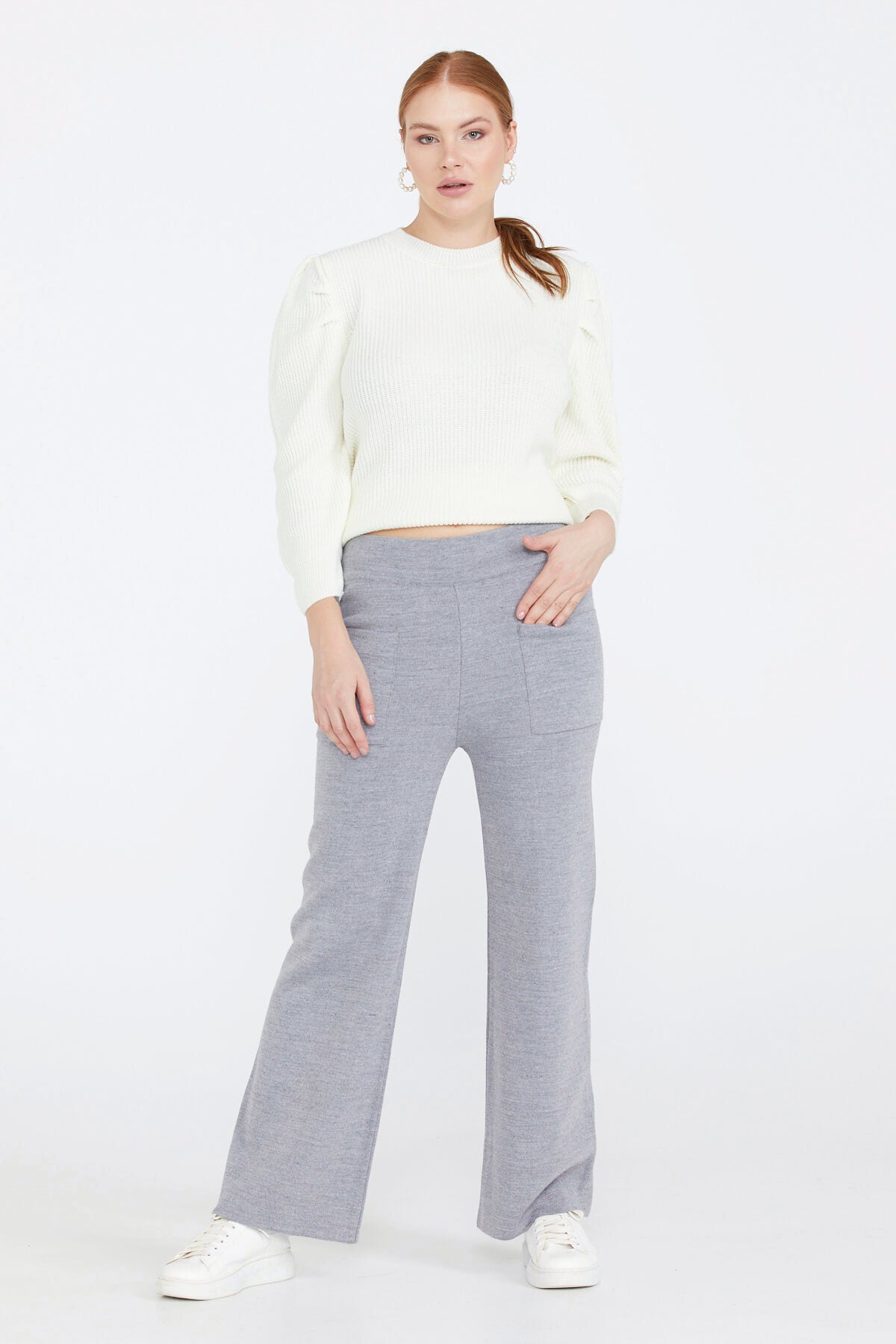 Triko Kadın Cepli Pantolon - Açık Gri (2) Sementa