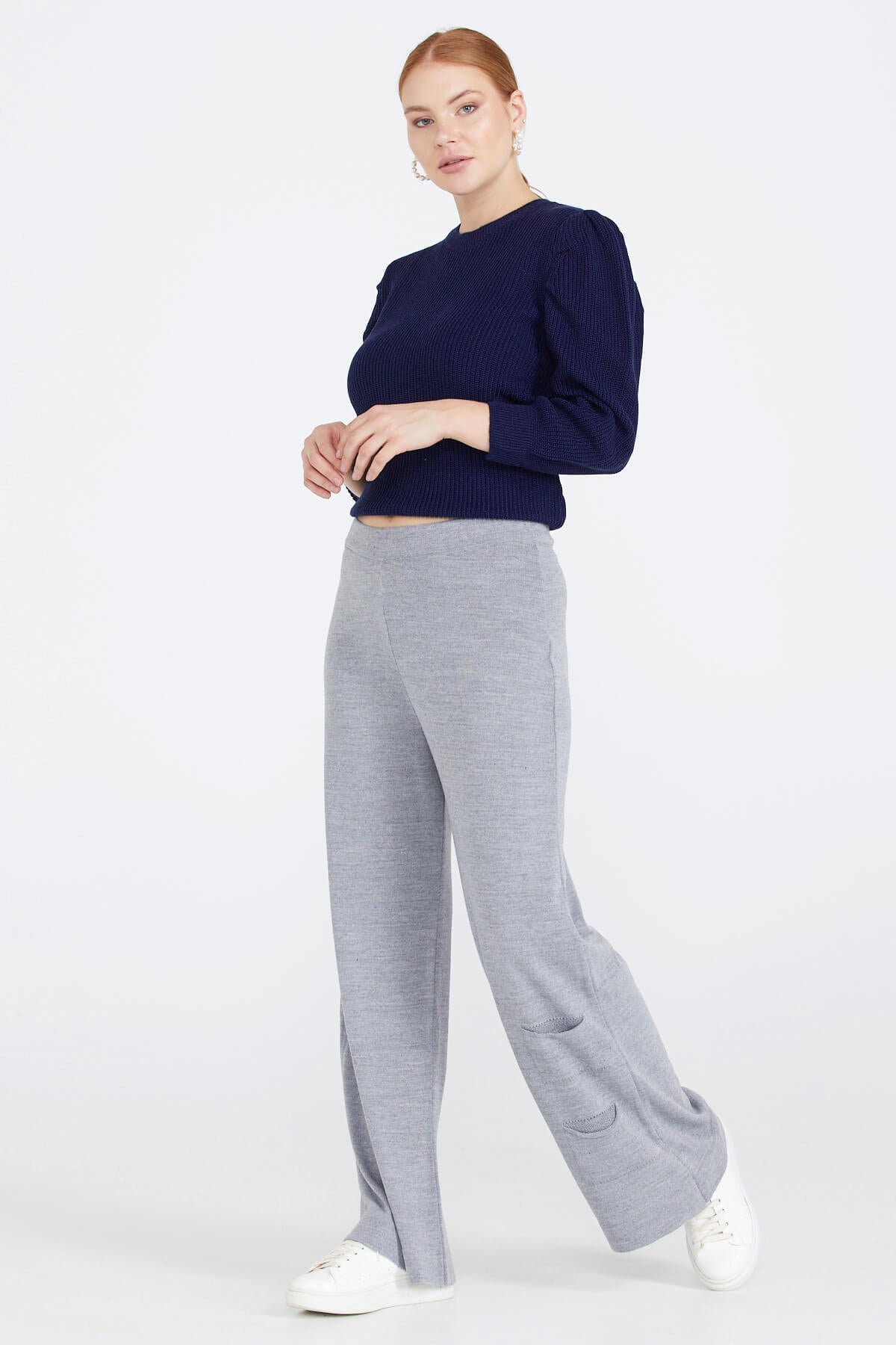 Triko Kadın Paçası Cep Detaylı Pantolon - Gri (1) Sementa