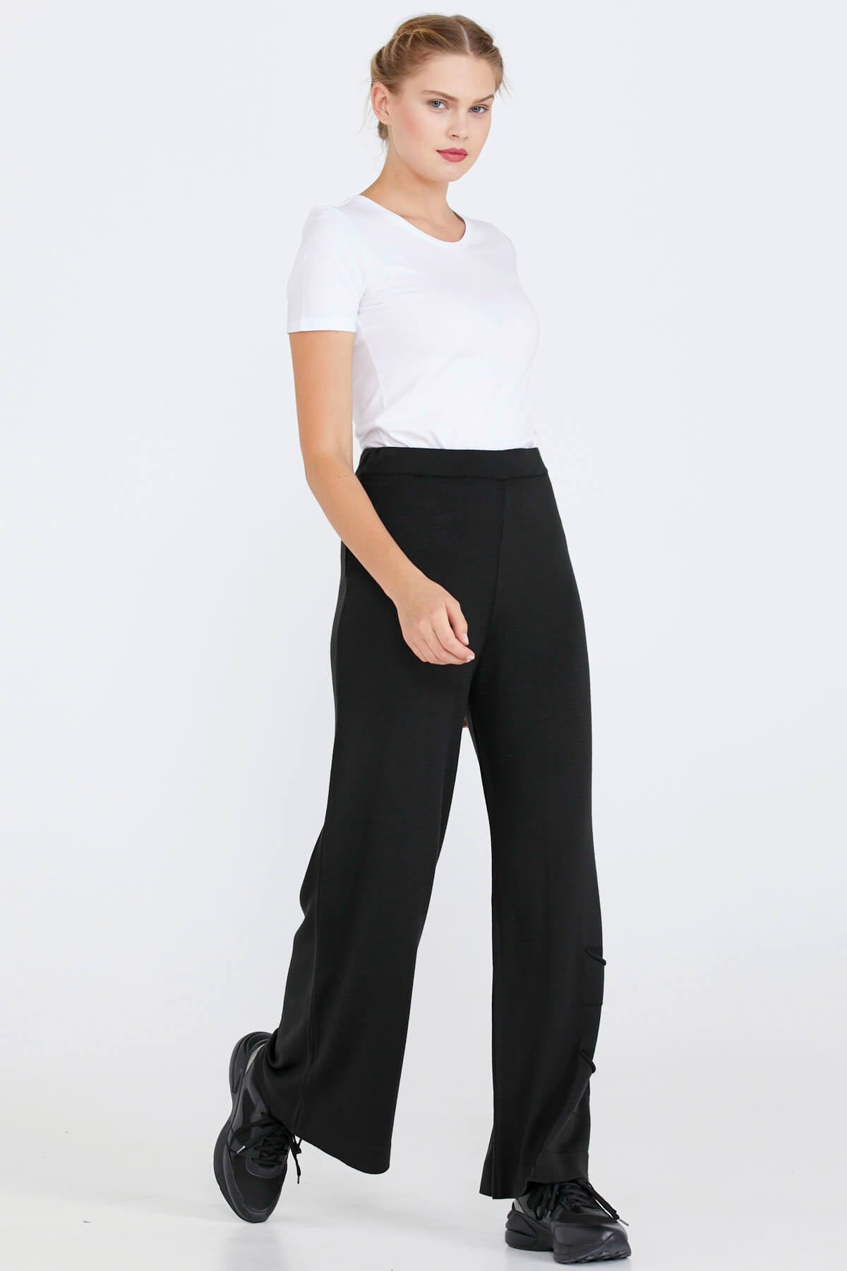 Triko Kadın Paçası Cep Detaylı Pantolon - Siyah (2) Sementa
