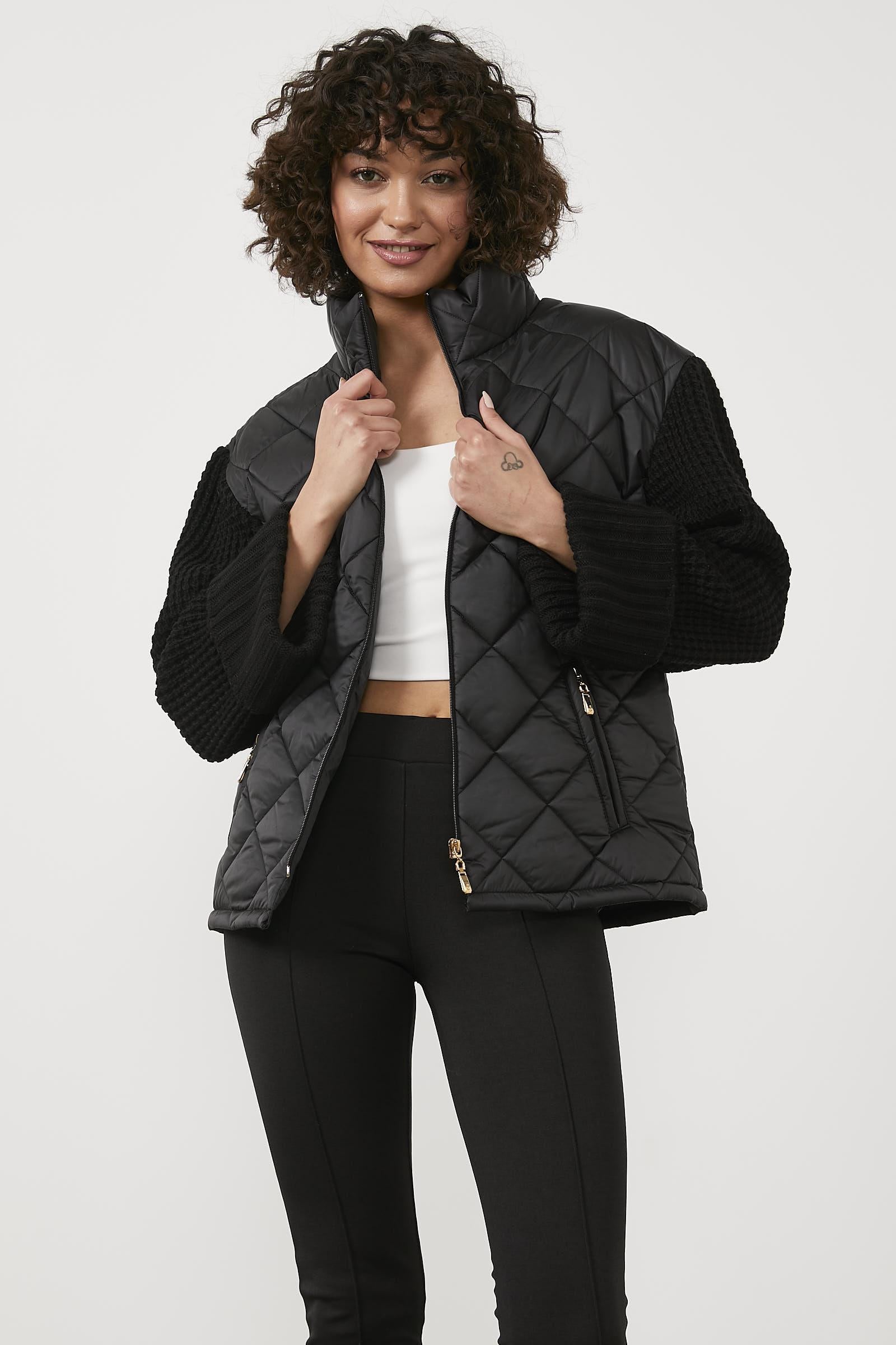 Triko Kombinli Kapitone Dik Yaka Mont - Siyah (2) Sementa