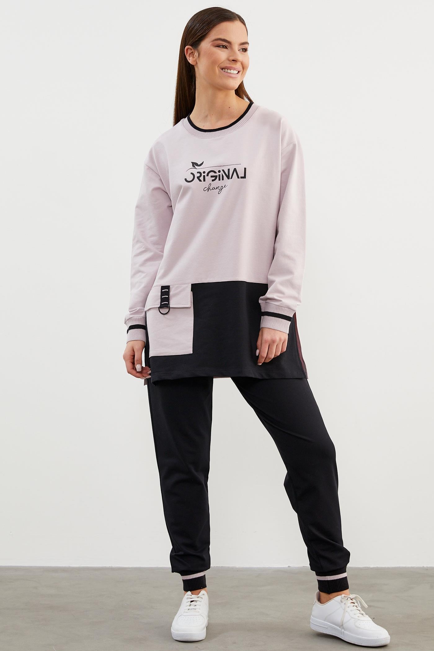 Triko Yaka Detaylı Oversize Eşofman Takım - Lila (1) Sementa