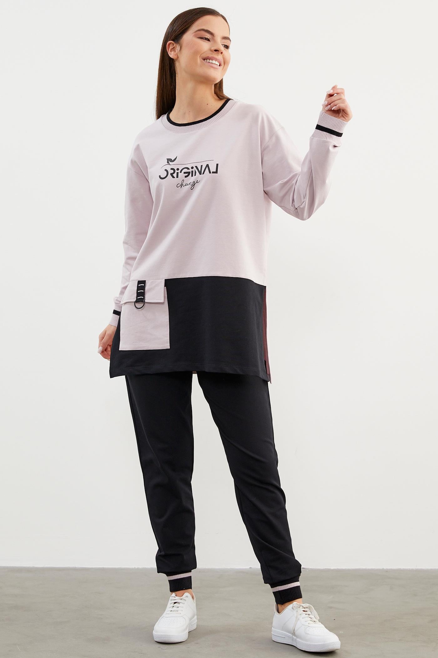 Triko Yaka Detaylı Oversize Eşofman Takım - Lila (4) Sementa