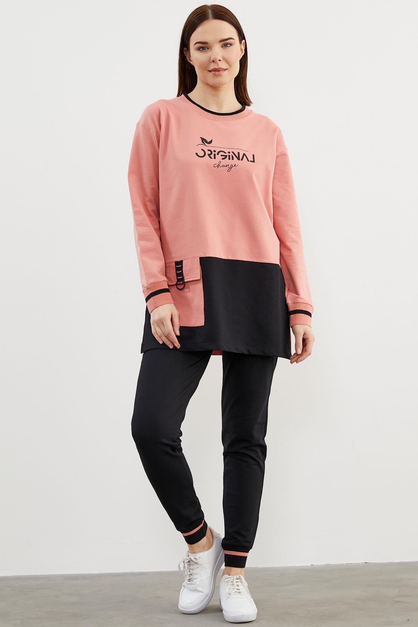 Triko Yaka Detaylı Oversize Eşofman Takım - Pembe (1) Sementa