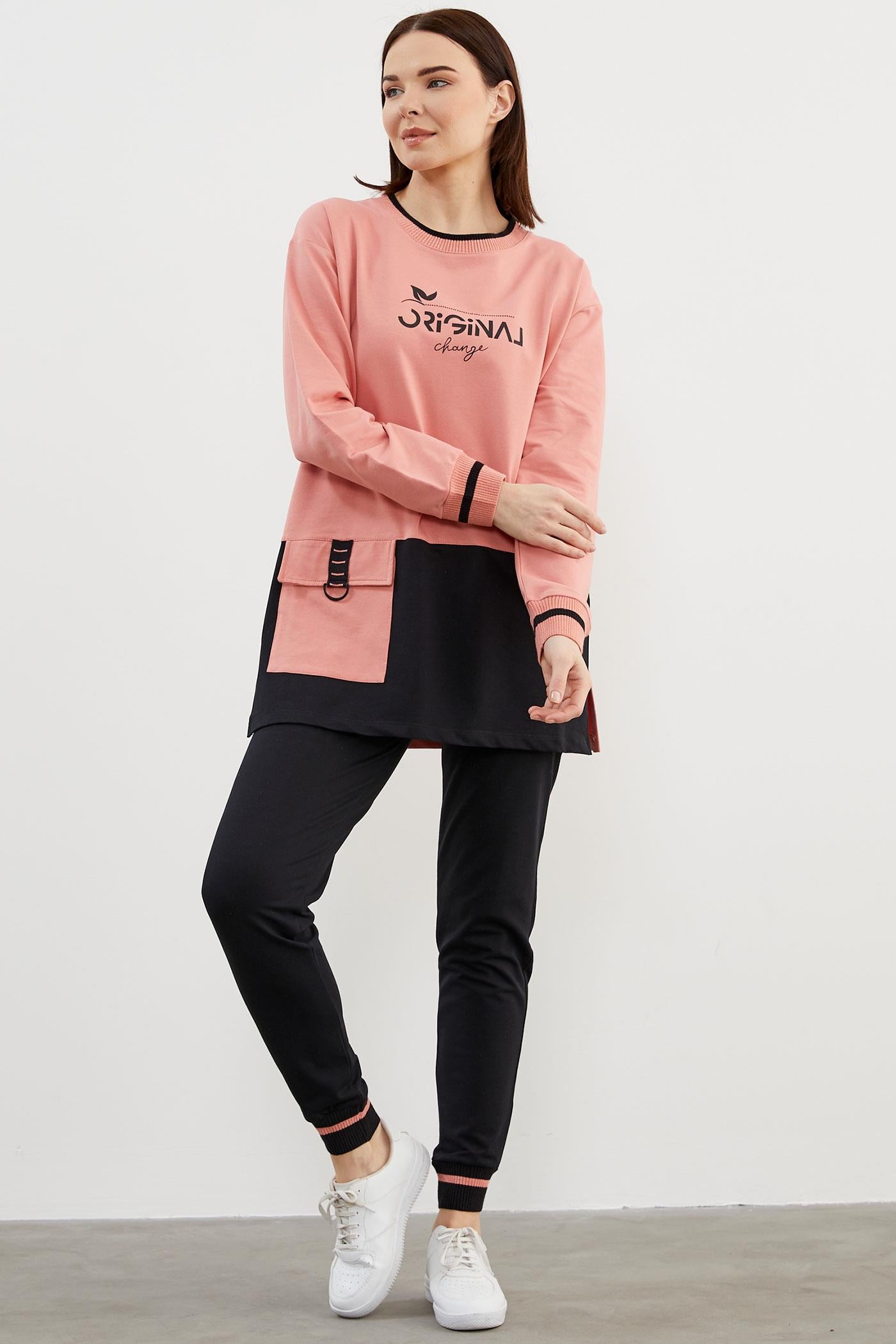 Triko Yaka Detaylı Oversize Eşofman Takım - Pembe (2) Sementa