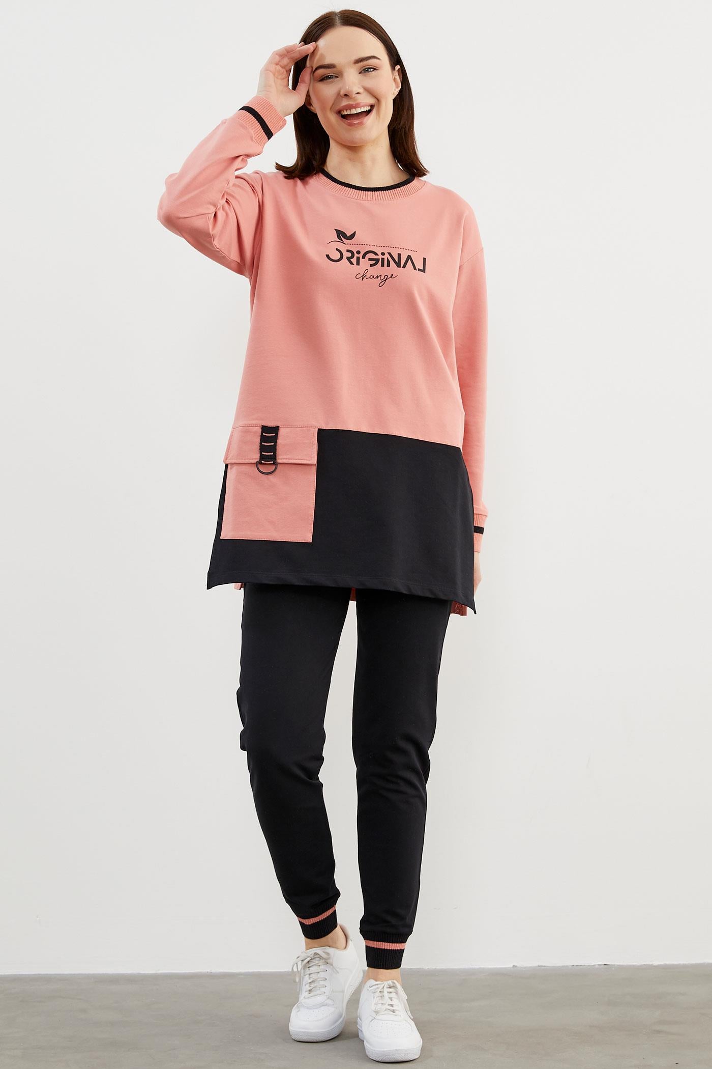 Triko Yaka Detaylı Oversize Eşofman Takım - Pembe (3) Sementa