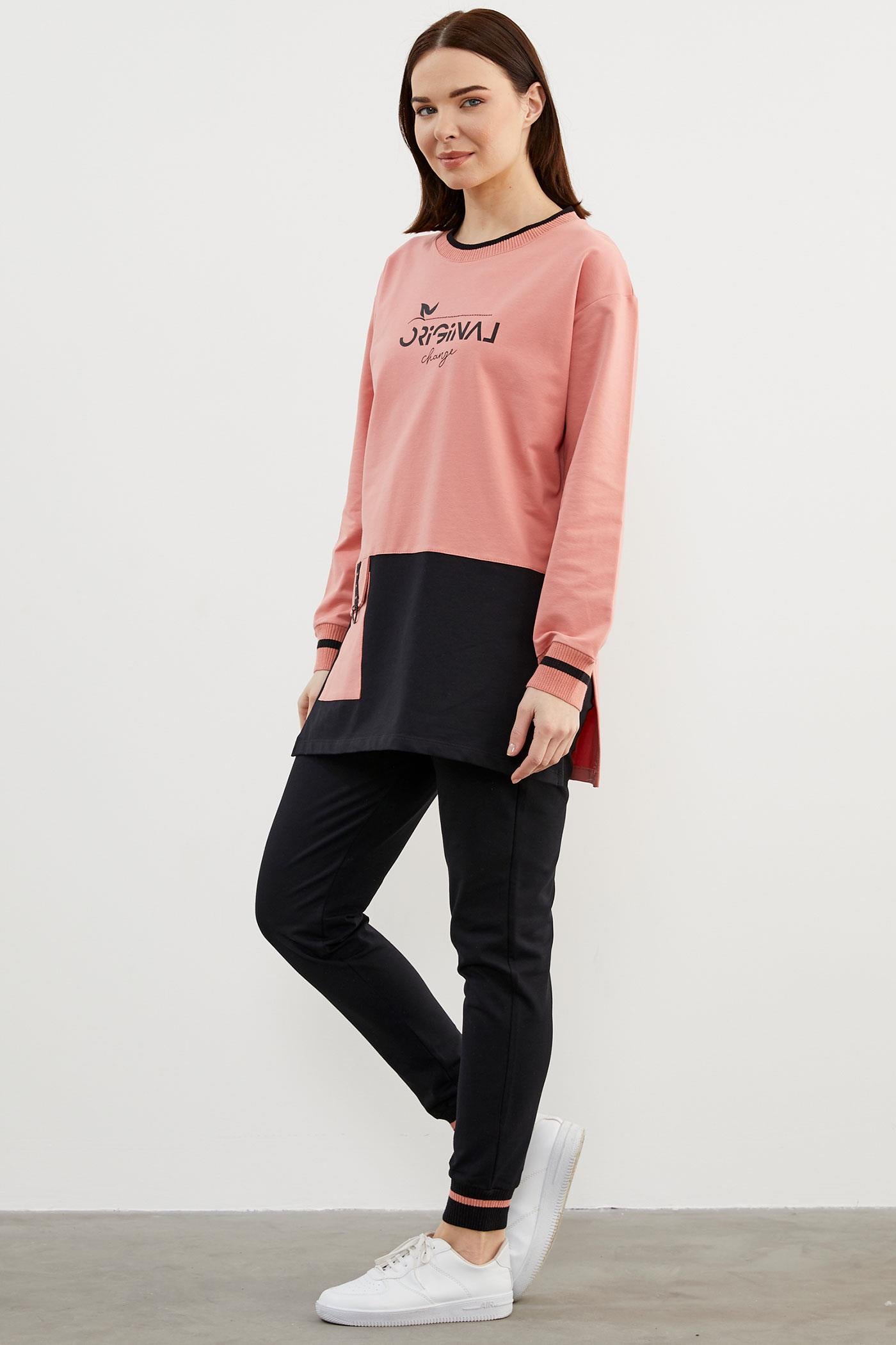 Triko Yaka Detaylı Oversize Eşofman Takım - Pembe (4) Sementa