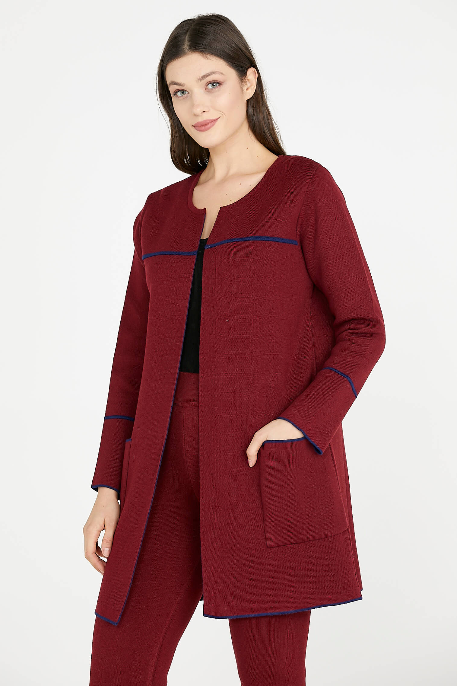 Uzun Triko Ceket - Bordo - Lacivert (1) Sementa