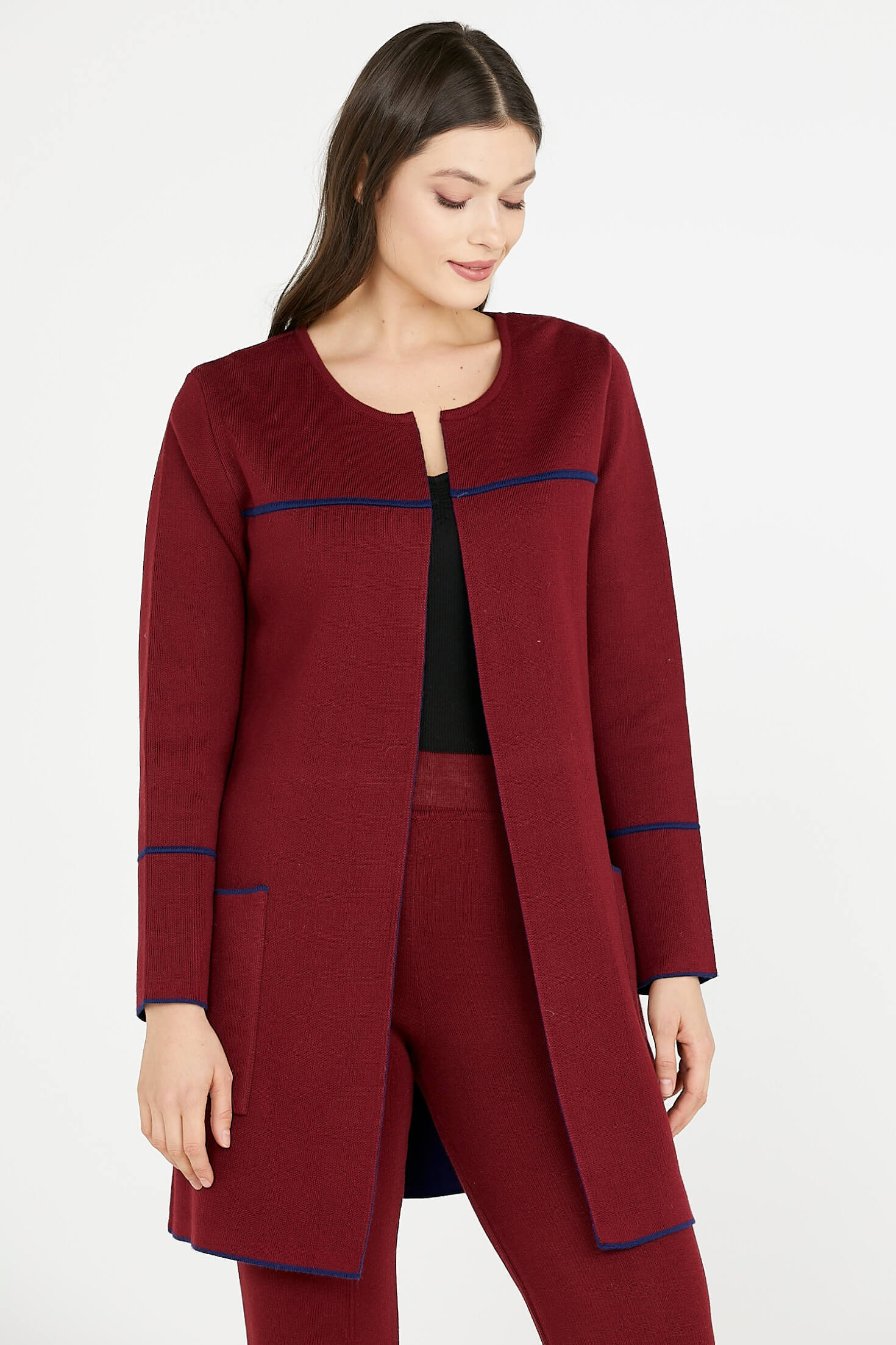 Uzun Triko Ceket - Bordo - Lacivert (3) Sementa