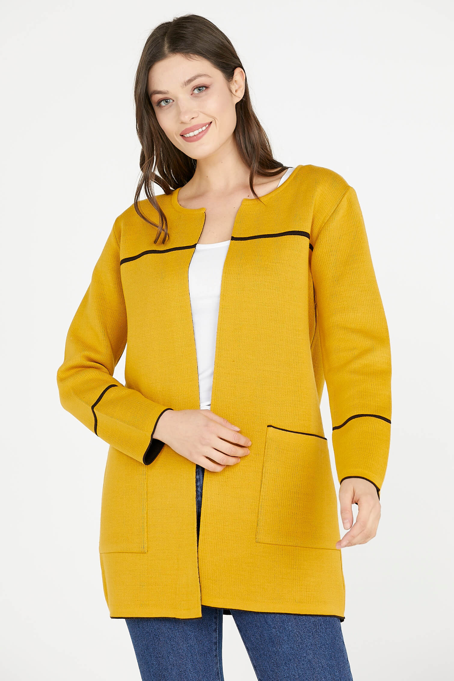 Uzun Triko Ceket - Hardal - Kahve (2) Sementa