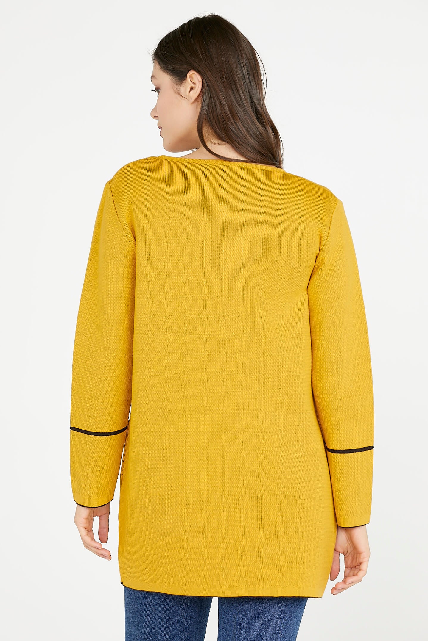 Uzun Triko Ceket - Hardal - Kahve (3) Sementa